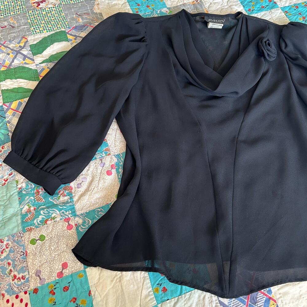 Vintage 80s does 40s Black Semi Sheer Chiffon Draped Puff Sleeve Rosette Blouse
